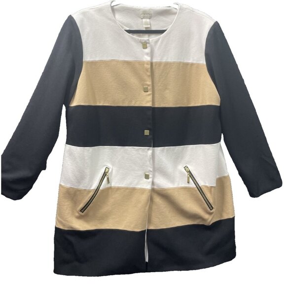 Chico’s Sweater Jacket Snap Striped Beige Black Zip Pockets Size 3 Woman - Picture 1 of 12